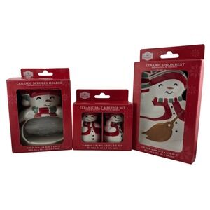 Holiday Time Snowman Ceramic Kitchen Set Scrubby Holder‎ Spoon Rest Shakers